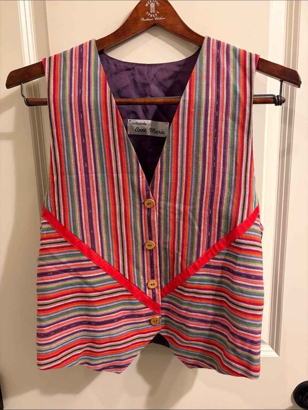 Vintage Anne Marie Multicolor Striped Vest with Red Trim and Purple Lining